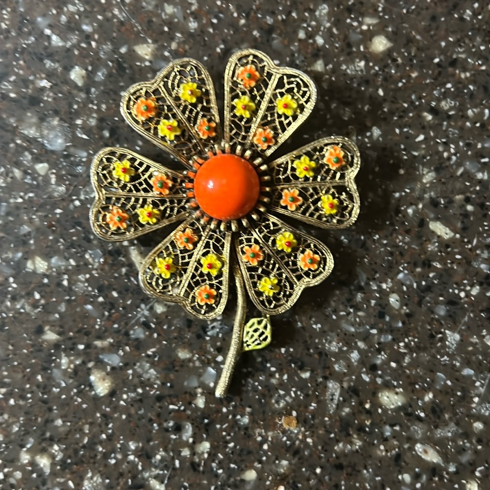 Vintage MCM 1960s 1970s brooch copywriter ART flower orange yellow gold pin